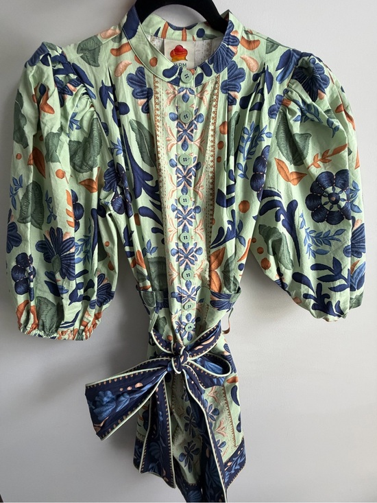 FARM Rio Pants - FARM Rio Mint Floral Puff-Sleeve Tie-Waist Jumpsuit with Navy & Coral Accents